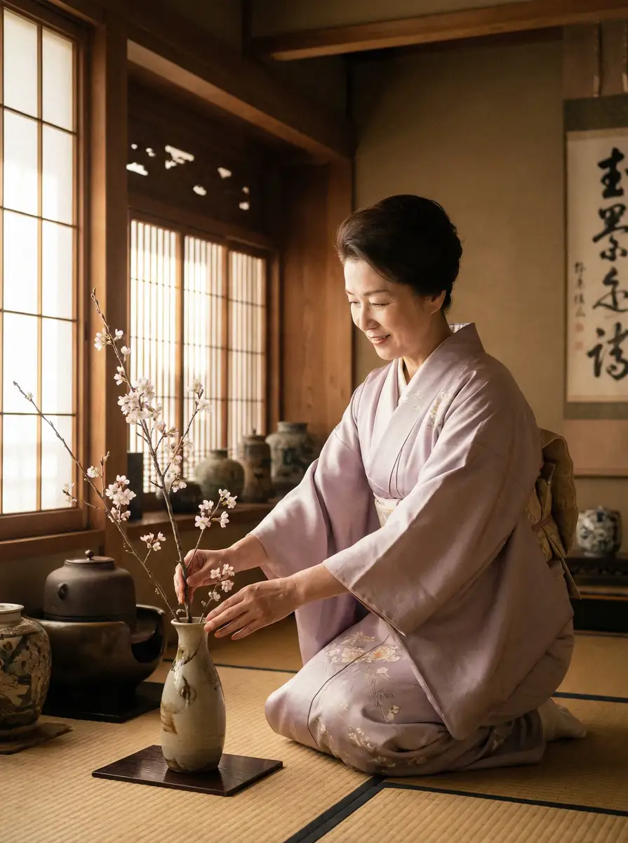 一位优雅的 森日向子 在和室中插花